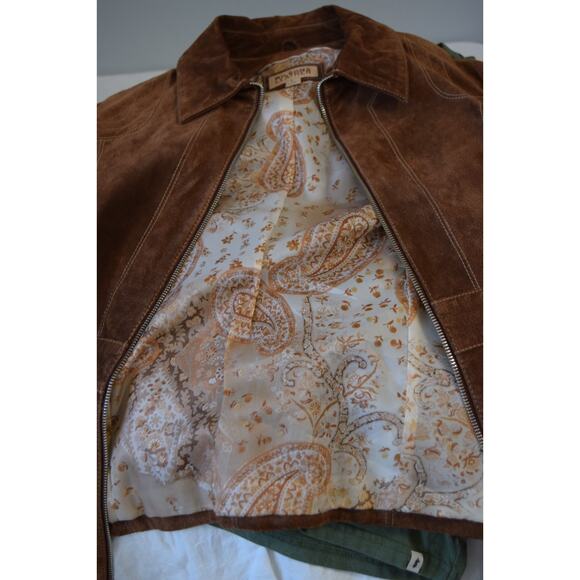 Vtg Wilsons Women Brown Suede Leather Coat Jacket Large 90's Zip Contrast Penny - Picture 6 of 7